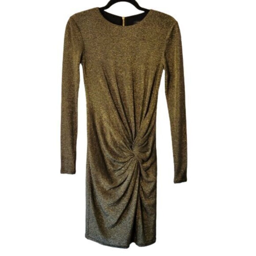 Ted Baker London Black and Gold Metallic Dress with Gathered Knot Size 0
